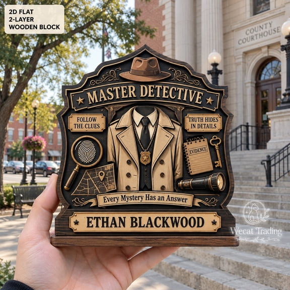 Personalized 2-Layer Wooden Block, Master Detective Desk Display Gift for Mystery Fans