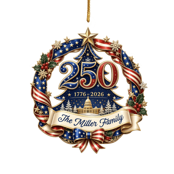 Personalized 2026 America 250th Anniversary Christmas Ornament, Patriotic Red White and Blue Family Name Tree Decoration for Holiday Home Decor
