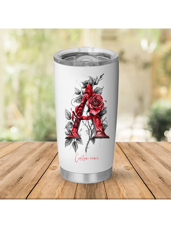 Personalized 20oz Tumbler with Initial 'A' and Elegant Flower Pattern, Stainless Steel Insulated Coffee Mug, Custom Travel Cup for Birthday, Wedding, Bridesmaid