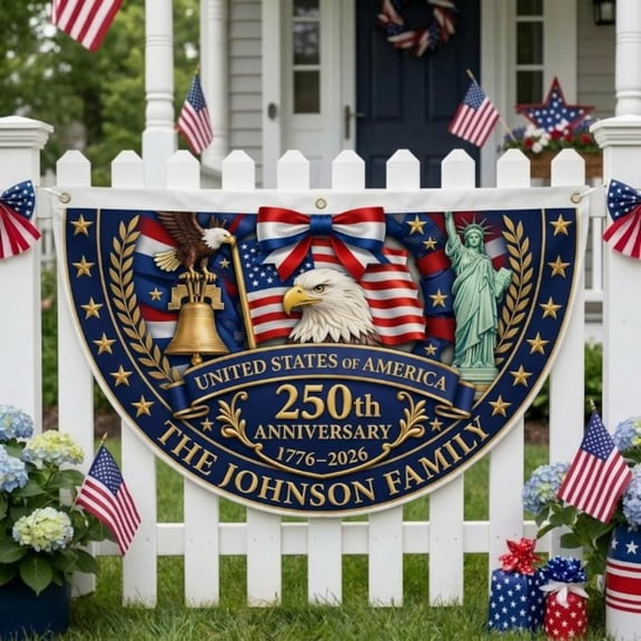 Personalized 250th Anniversary Custom Family Name Patriotic Fence 1776-2026 Outdoor Decor Fan Flag 18x36in