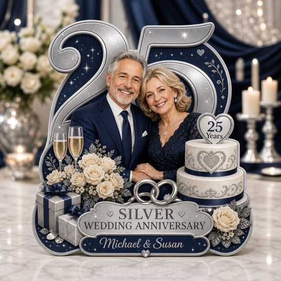 Personalized 25th Silver Anniversary Wooden Block 3 Layer for Couples