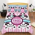 thumbnail image 1 of Personalized 3-Piece Duvet Cover Set - YAGEL Bold Pink & White Striped Circle Whimsical Skulls & High Heels Fun Floral Accents, 1 of 4