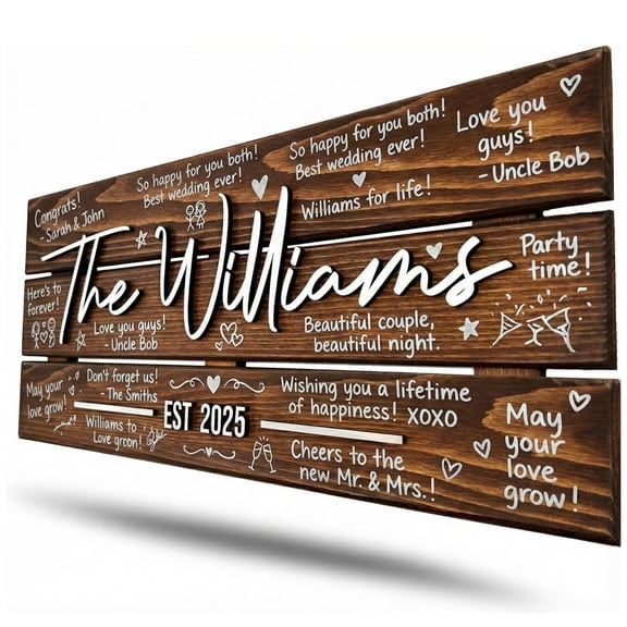 Personalized 3-Plank Wooden Wedding Guest Book Alternative Sign Standard 23"x10" Rustic Reception Decor with 3D Custom Last Name & Date Writeable Keepsake Signature Board for Couple