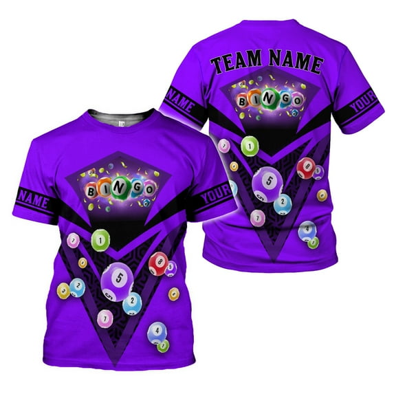 Personalized 3D BINGO Shirt with Name and Team Name, Custom Bingo game Shirts for Team, Men Women unisex 3D shirt (Purple, S)