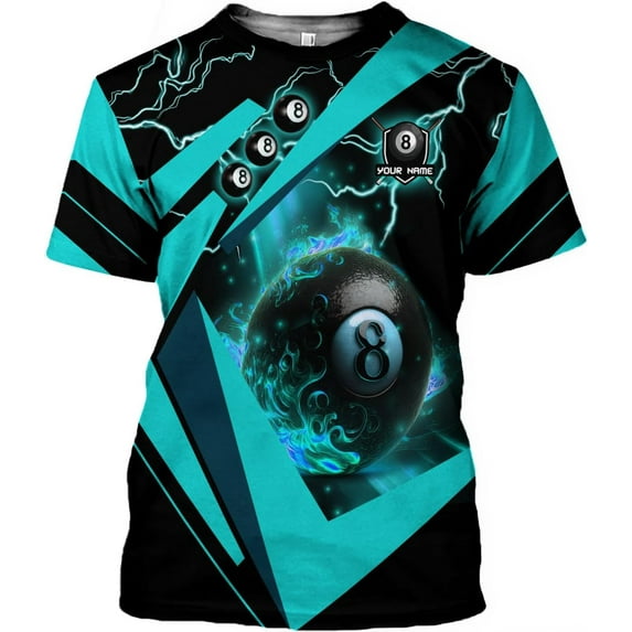 Personalized 3D Billiard Shirt Custom Name Men Women Team Apparel Pool 8 Ball Flag Tshirt Billiards Shirts Gift (Cyan, M)