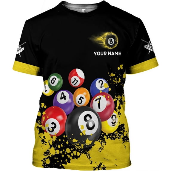 Personalized 3D Billiard Shirt Custom Name Men Women Team Apparel Pool 8 Ball Flag Tshirt Billiards Shirts Gift (Yellow, L)