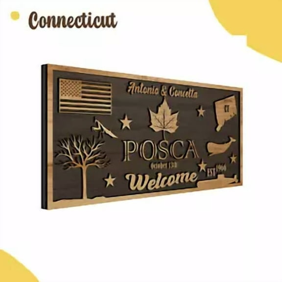Personalized 3D Connecticut State Plaque, Custom Wood Couple Name Sign with Date