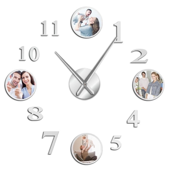 Personalized 3D DIY Arylic Wall Clock With 4 Prints Custom Printed With Your Family Portrait Housewarming Gift Wall Art Clock(Silver,47inch)
