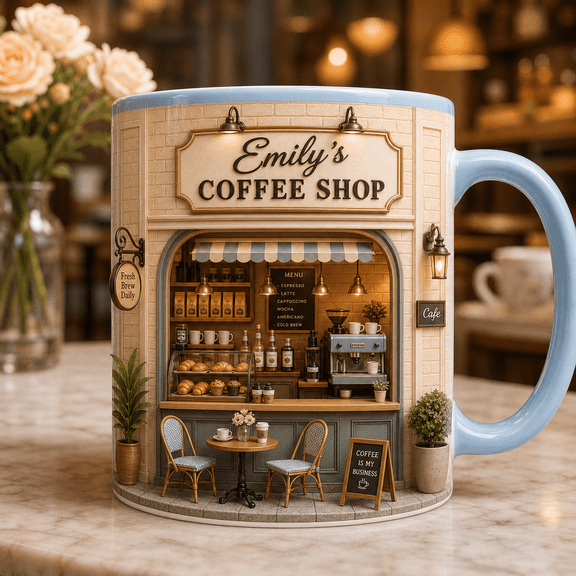 Personalized Ceramic Mugs for Coffee Shop Owner, Custom Cafe Storefront Gift