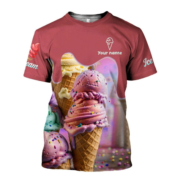 Personalized 3D Ice Creams T Shirt with Name, Custom Ice Cream Shirts for Team, Men Women unisex 3D shirt (Red, S)