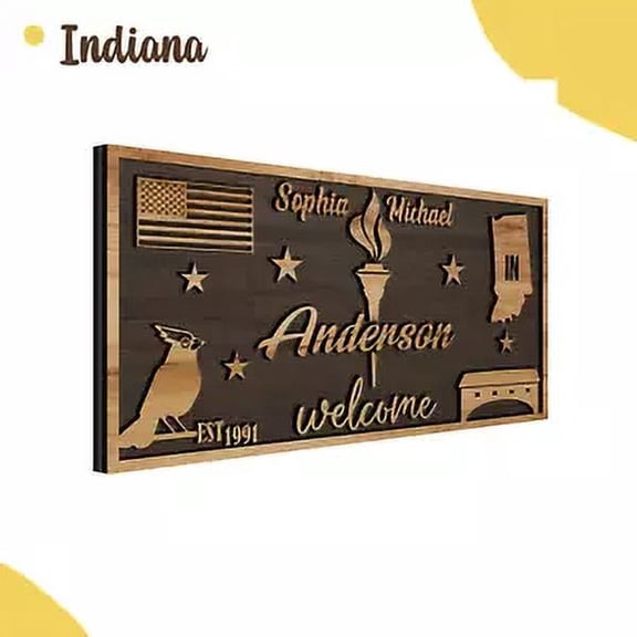 Personalized 3D Indiana State Welcome Sign, Customizable Family Name Wall Decor
