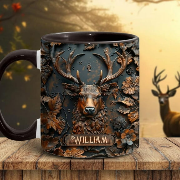 Personalized 3D Stunning Deer Accent Mug for Deer Lover, Embossed Effect Deer Hunting Mug for Hunters, Coffee Cup Gift for Dad hut6561