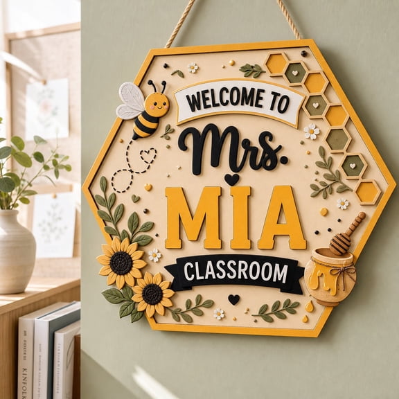 Personalized 3D Teacher Door Sign, Bee & Sunflower Classroom Decor