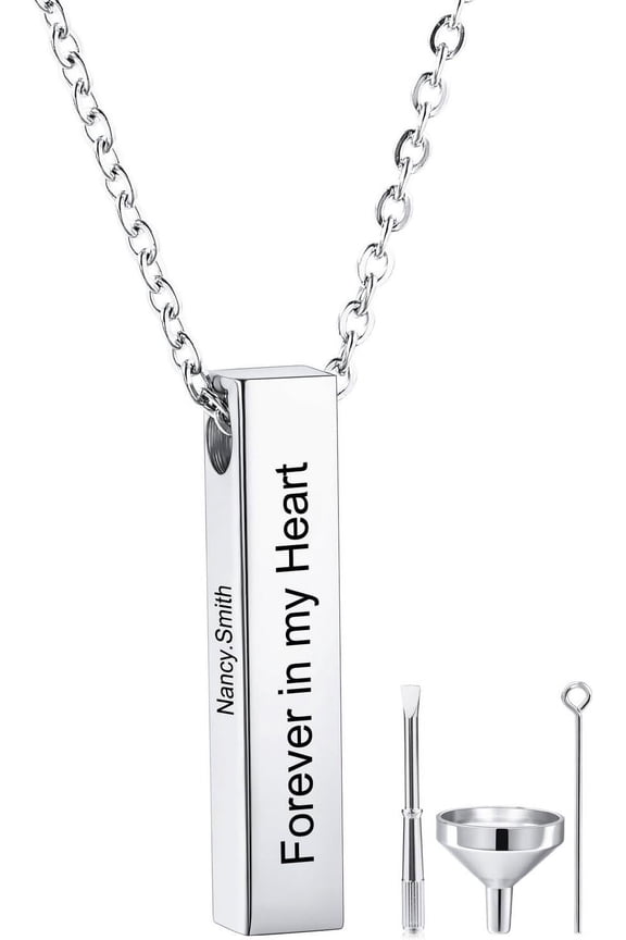 Personalized 3D Vertical Bar Urn Necklace For Ashes Cremation Urn Pendant Engraved Name/Date For Men Women Pet Stainless Steel Memorial Jewelry Keepsake With Birthstones Funnel Kit[Z2475]