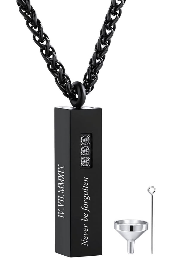 Personalized 3D Vertical Bar Urn Necklace For Ashes Cremation Urn Pendant Engraved Name/Date For Men Women Pet Stainless Steel Memorial Jewelry Keepsake With Birthstones Funnel Kit[Z2471]