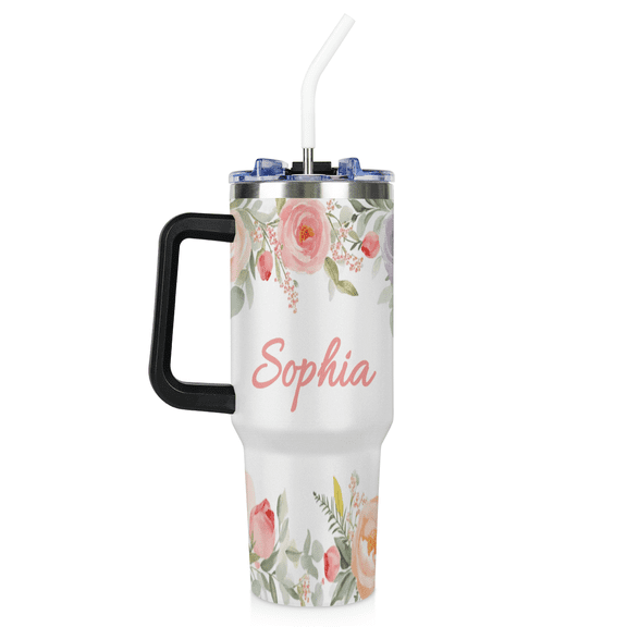 Personalized 40 oz Trek Tumbler, Custom Name Vacuum Insulated Stainless Steel Travel Coffee Mug with Straw Handle, 12hr Cold 8hr Hot, Gift Idea
