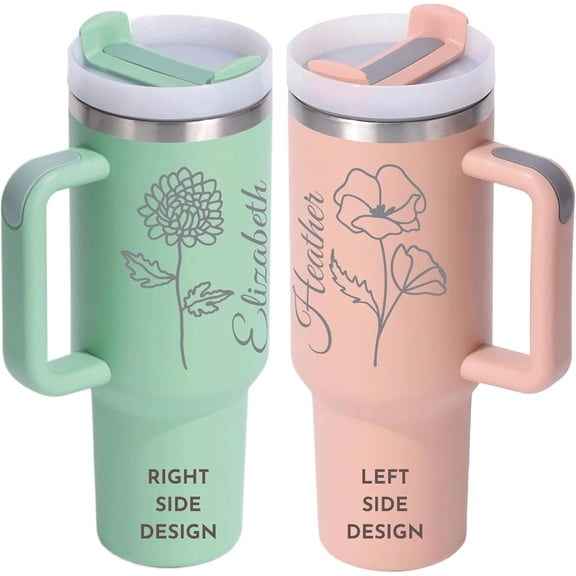 Personalized 40 oz Tumbler with Handle and Straw Lid, Custom Engraved Stainless Steel Travel Coffee Mug, Insulated Birth Month Flower and Name Cup Gift for Women, Mom, Birthday