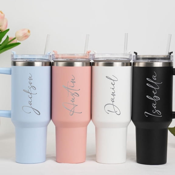 Personalized 40 oz Tumbler with Lid & Straw,Custom Name Cup with Handle,Engraved Water Bottle,Bridesmaid Gift,Girl's Trip Tumblers,Xmas Gift