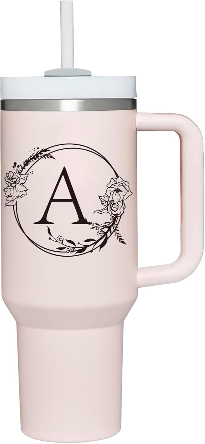 Personalized 40oz Tumbler Cup with Initials.Cup with Letter A 40oz Tumbler with Handle.Custom Tumbler Cup with Letter.Initial Monogram Tumbler Mug Gifts for Women Birthday Christmas.