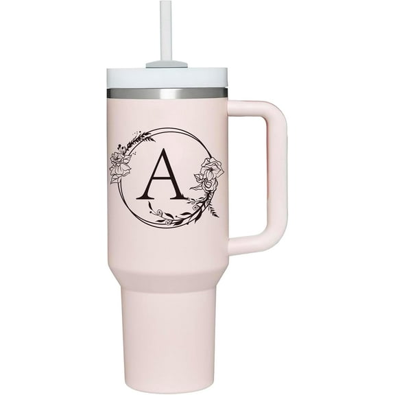 Personalized 40oz Tumbler Cup with Initials.Cup with Letter A 40oz Tumbler with Handle.Custom Tumbler Cup with Letter.Initial Monogram Tumbler Mug Gifts for Women Birthday Christmas.