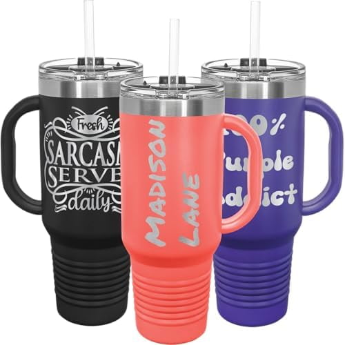 Personalized 40oz Tumbler With Handle, Travel Cup With Lid And Straw, Customized Tumblr Laser Engraved With Name, Logo, or Text, Engraved Travel Cups$$Home Decor, Kitchen, & Other