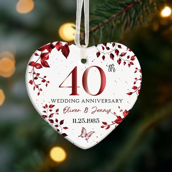 Personalized 40th Anniversary Gift, Ruby 40th Wedding Ceramic Ornament, 40 Years Wedding Anniversary Keepsake for Parents