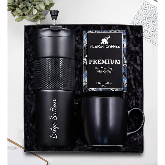 Personalized 450 ml Black French Press Steel Thermos & Alerya Premium Filter Coffee & Black Matte Mat Gift Set