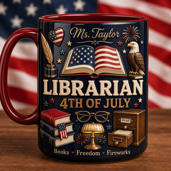 Personalized 4th of July Librarian 3D Effect Mug, Patriotic Library Worker Gift