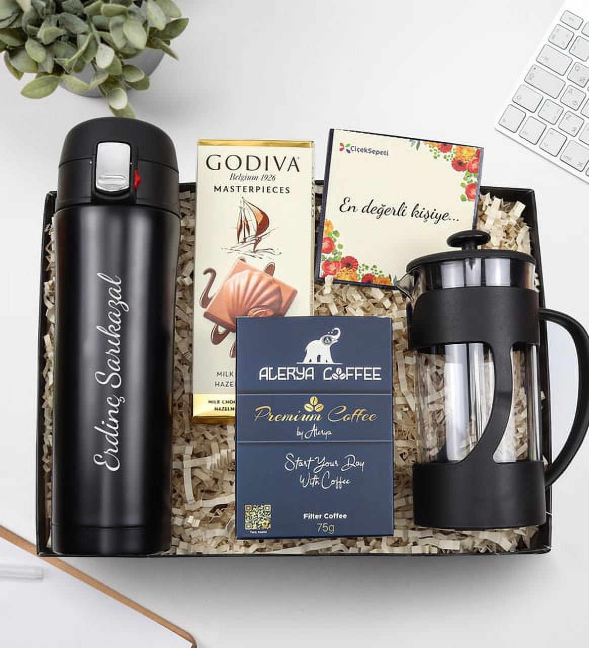 Personalized 500 ml Black Locked Thermos & Black French Press & Godiva