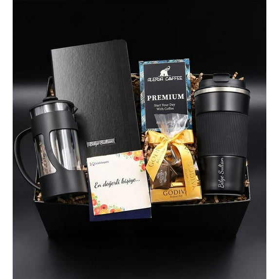 Personalized 500 ml Black Steel Thermos & Alerya Premium Filter Coffee & Black Notebook & Black French Press & Godiva Napolitan Chocolate Gift Set