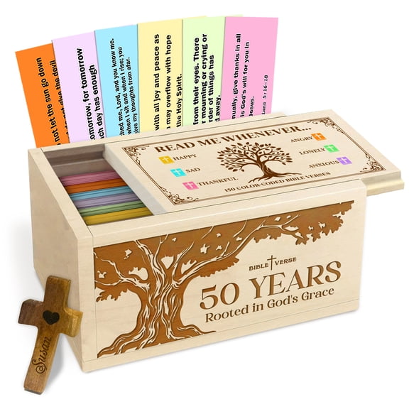 Personalized 50th Birthday Prayer Box, Read Me Whenever Wooden Bible Verse Box with 150 Color Coded Scripture Cards & Handheld Cross, Christian Faith Gift