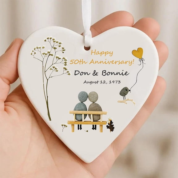 Personalized 50th Wedding Anniversary Ceramic Ornament Flat 2D Printed, Golden Anniversary Gift for Couple, Custom Names & Date Keepsake Decoration