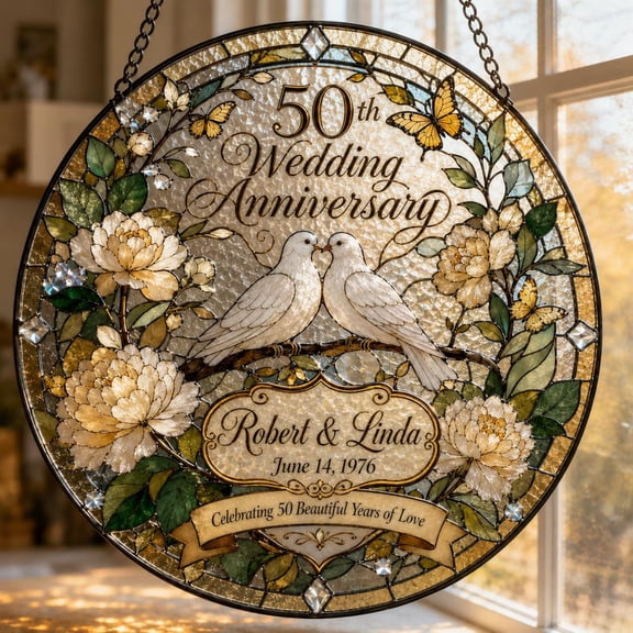 Personalized 50th Wedding Anniversary Stained Glass Suncatcher, Golden Anniversary Gift (3.94")