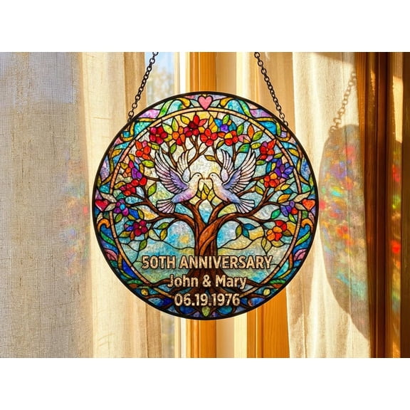 Personalized 50th Wedding Anniversary Suncatcher, Golden Anniversary Stained Glass Art, Round Glass Window Gift for Parents