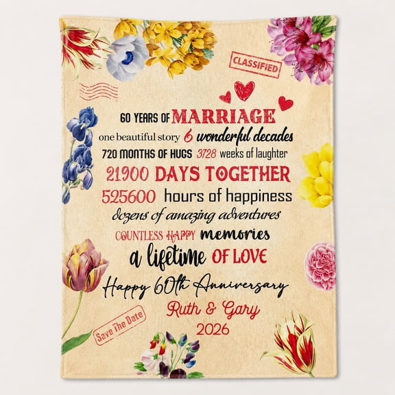 Personalized 60th Anniversary Fleece Blanket, Custom Name Date Marriage Gift, Floral Polyester Throw Blanket