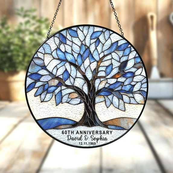 Personalized 60th Wedding Anniversary Window Faux Stained Glass Suncatcher, Wedding Anniversary Keepsake, Diamond Wedding Anniversary Gift