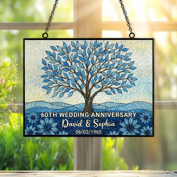 Personalized 60th Wedding Anniversary Window Faux Wavy Acrylic Suncatcher, Wedding Anniversary Keepsake, Diamond Wedding Anniversary Gift