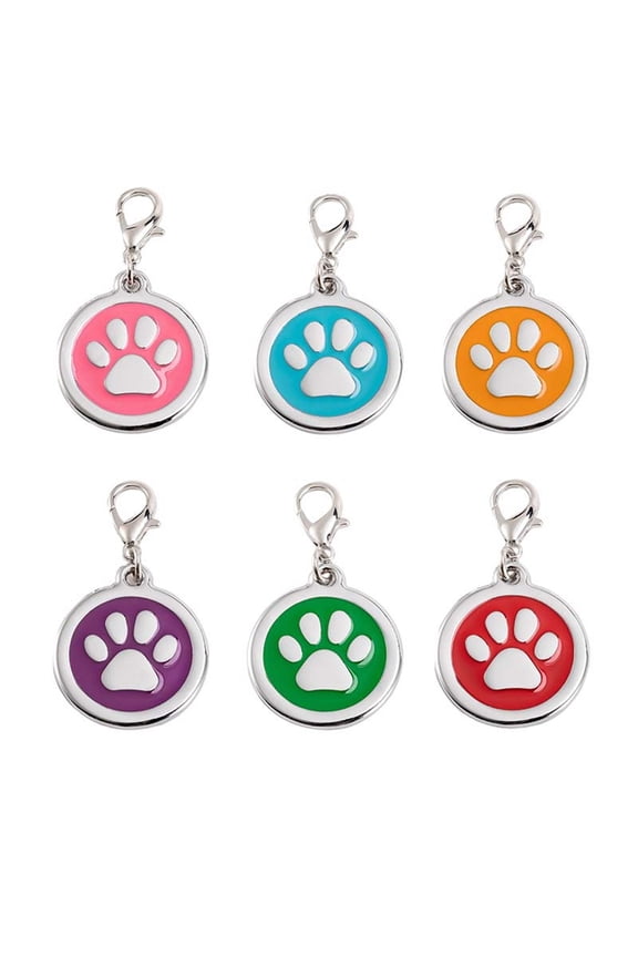 Personalized 6Pcs Pet ID Tags Pawprints Pendant Engraved Dog Tags Pet Paw Round Tag Customized Name ICE Pet Tag for Dogs and Cats with Lobster Clasp