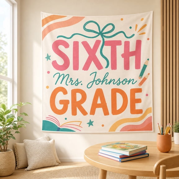 Personalized 6th Grade Classroom Banner, Custom Teacher Name Bow Tapestry