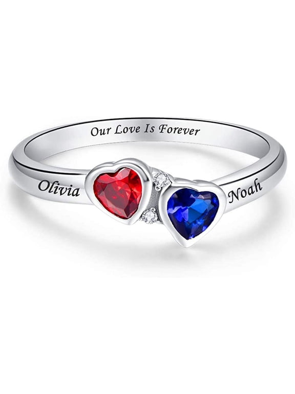 Personalized 925 Sterling Silver Mothers Rings with 2 Heart Cut Simulated Birthstones Customized Name Rings Promise Ring with 2 Names