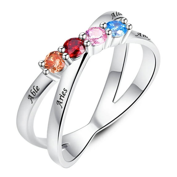 Personalized 925 Sterling Silver Ring for Women with 4 Round Cut Birthstone Couple Anniversary Promise Double Twisted Stacking Ring