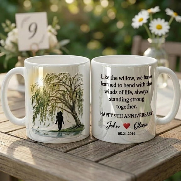 Personalized 9th Anniversary Willow Mug, Custom Couple Gift, Timeless Love Coffee Cup