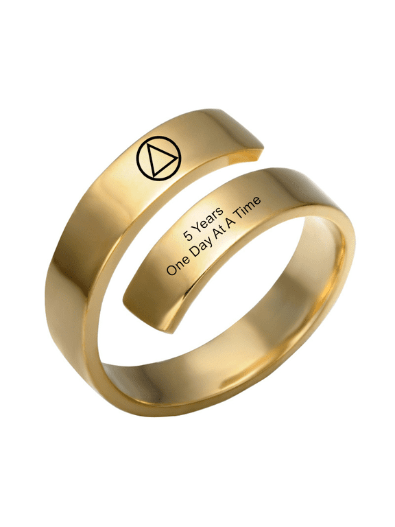 Personalized AA NA Sobriety Gift for Women Men Stainless Steel 18K Gold Plated Sober Recovery Cuff Ring Soberness Recovering Anniversary Jewelry,One Day At A Time