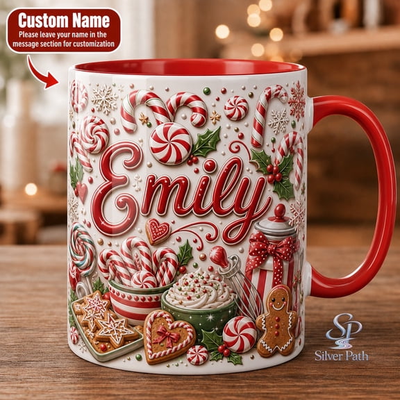 Personalized Accent Mug Christmas Gingerbread and Candy Cane Coffee Cup Holiday Gift