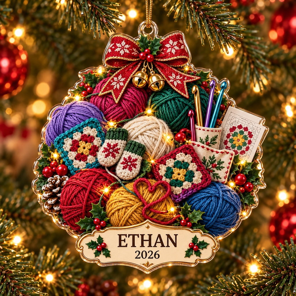 Personalized Acrylic Crochet Yarn Ball Christmas Tree Ornament ...