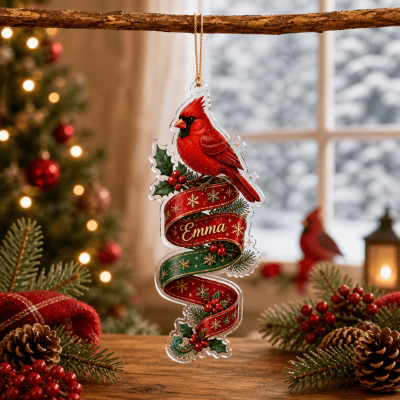 Personalized Acrylic Ornament Cardinal Ribbon Christmas Decor