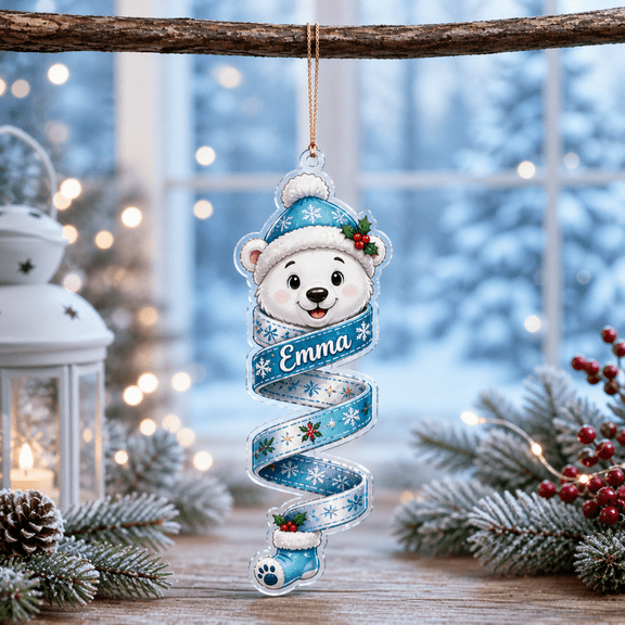 Personalized Acrylic Ornament Polar Bear Christmas Ribbon