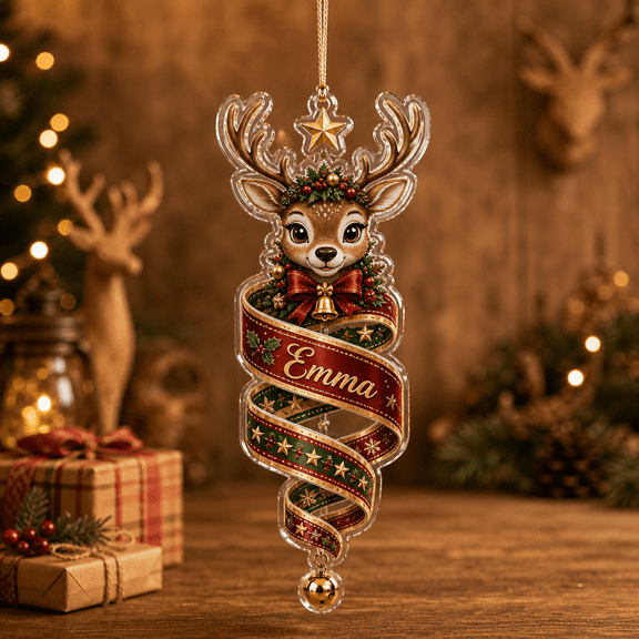 Personalized Acrylic Ornament Reindeer Christmas Ribbon