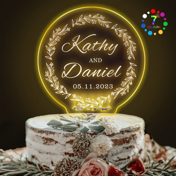 Personalized Acrylic Wedding Cake Toppers 7 Colors Changes LED Light Up Mr & Mrs Cake Decoration Party Supplies Custom Any Name