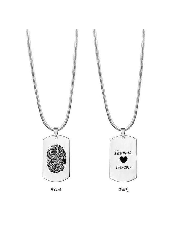 Personalized Actual Thumb Print Loved One Rectangle Dog Tag Stainless Steel Keepsake Pendant Engravable Necklace with Gift Box [Silver]